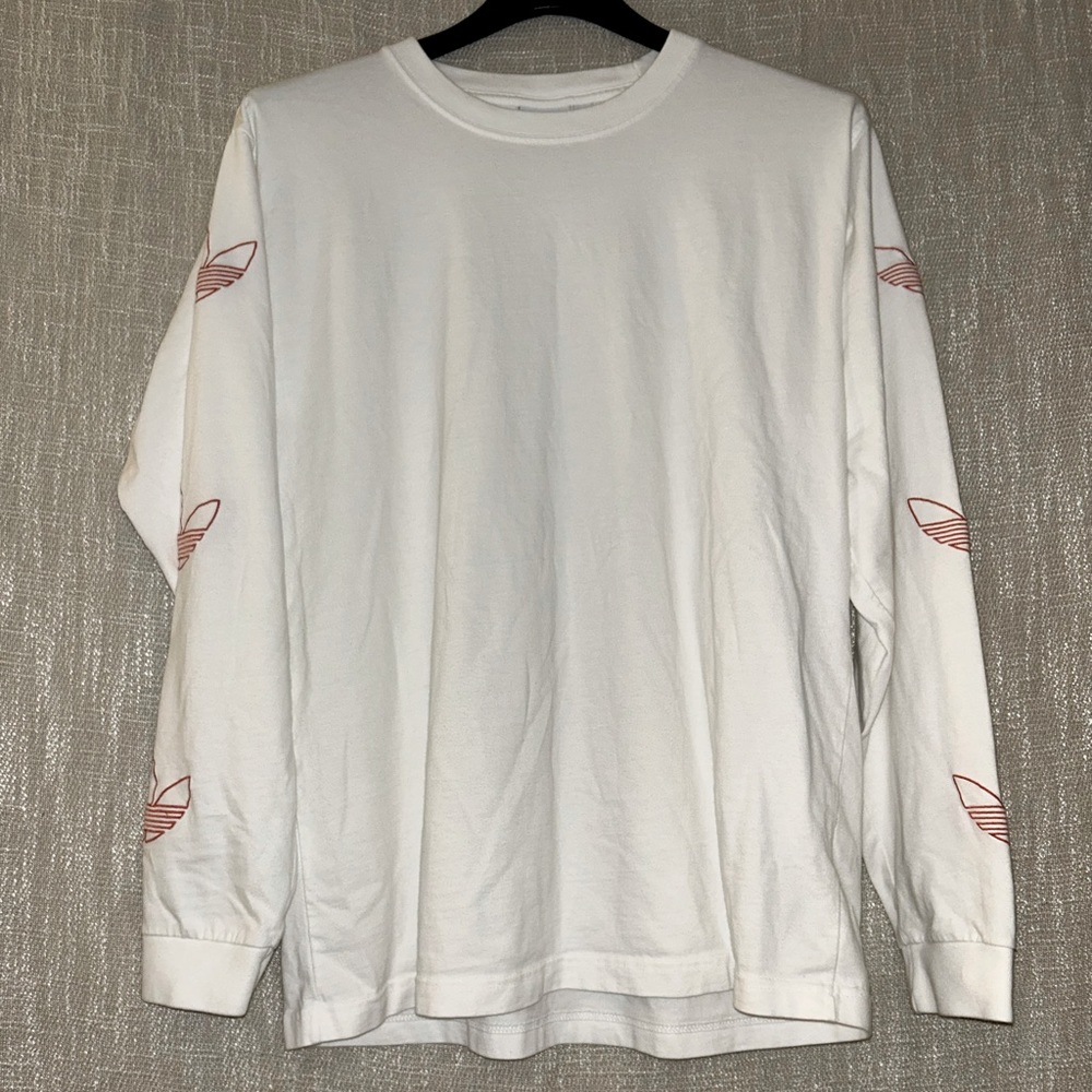 Adidas Long Sleeve Cotton Trefoil Arm Print T-Shirt Large White with Red Logos